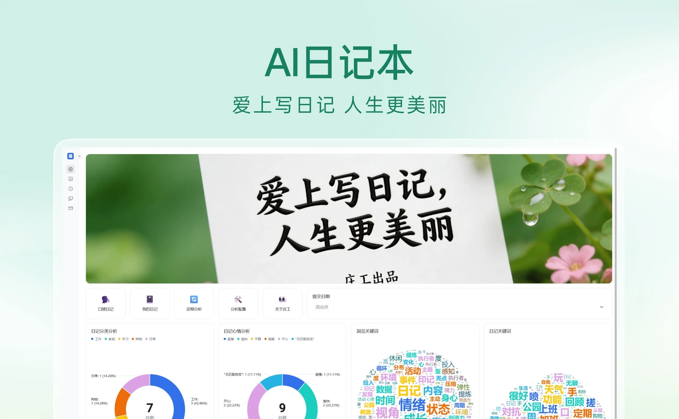 AI 日记本官方产品封面与界面图